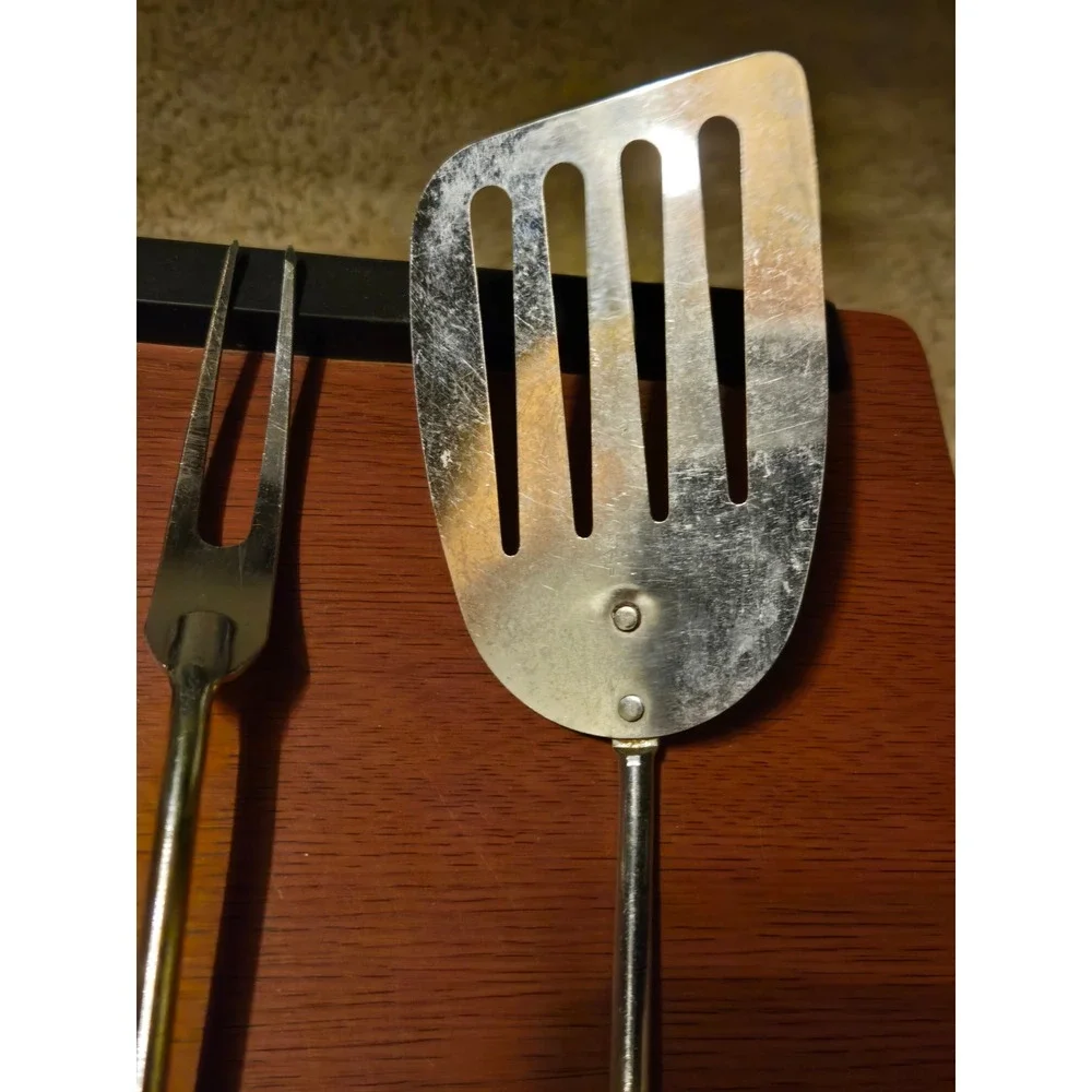 Vintage Chrome Kitchen Utensil Set 3pc Slotted Spoon Spatula Fork Wood Handle